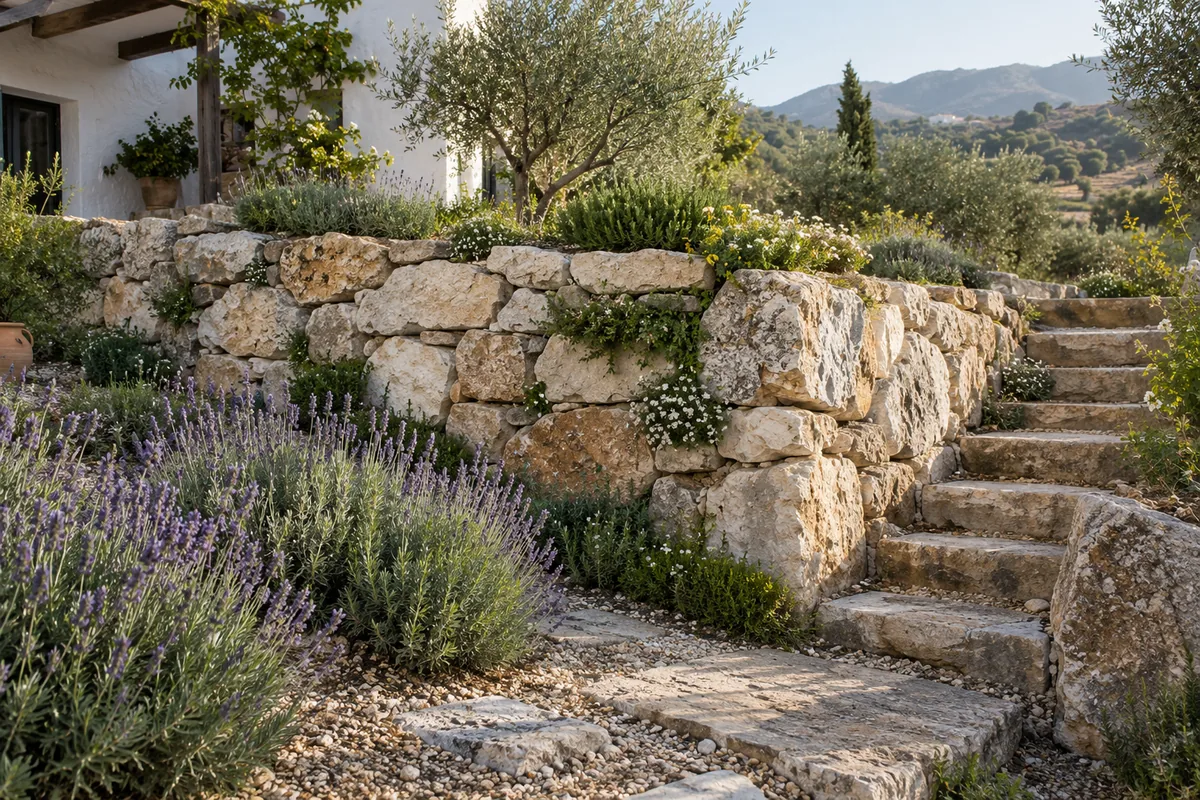 Muro de escollera bajo en un jardín con escalera de piedra