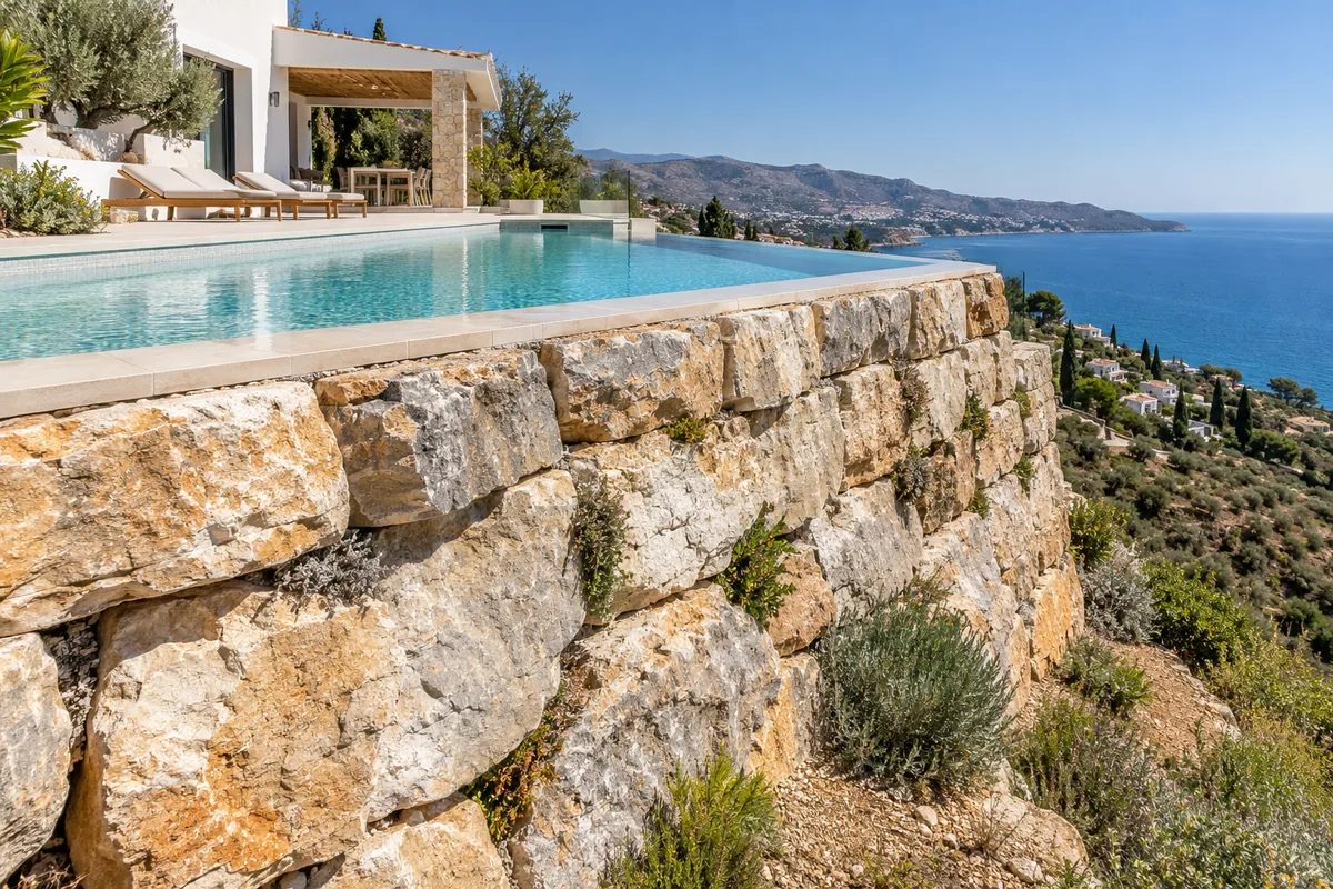 Muro de escollera bajo la plataforma de una piscina con vistas al mar