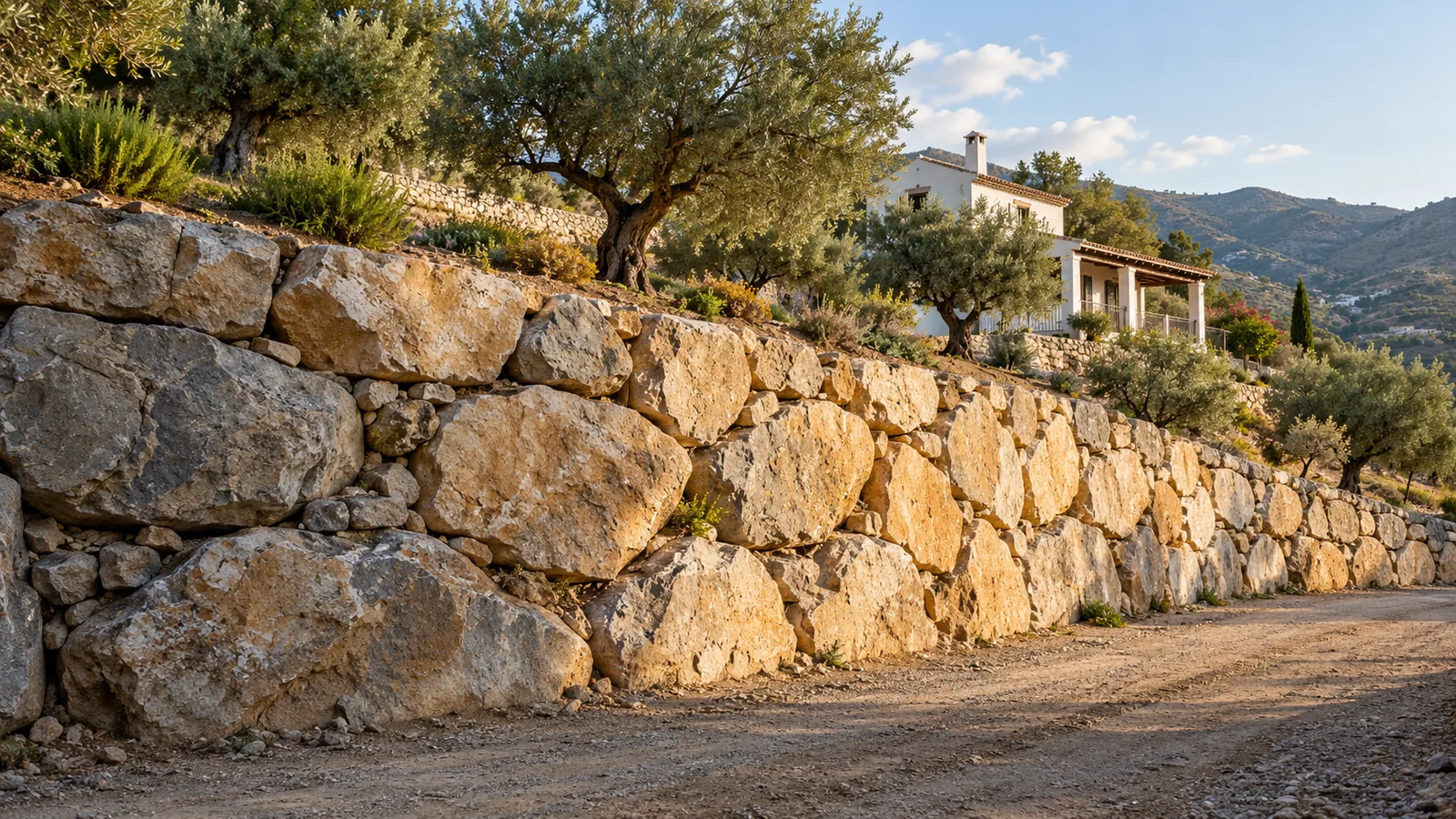 Muro de escollera de piedra natural recién terminado en una parcela de Málaga