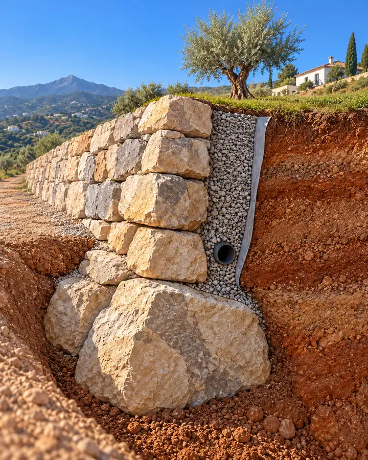 Sección de un muro de escollera con grava drenante, geotextil y tubo dren en una finca de la Axarquía