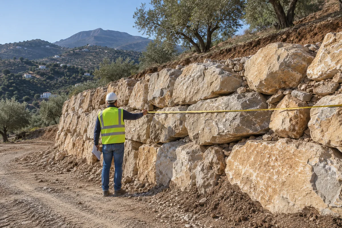 Técnico midiendo el largo y la altura de un muro de escollera para dar el precio