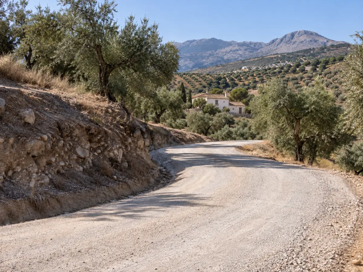 Camino de acceso a un cortijo de olivar en Periana arreglado con zahorra