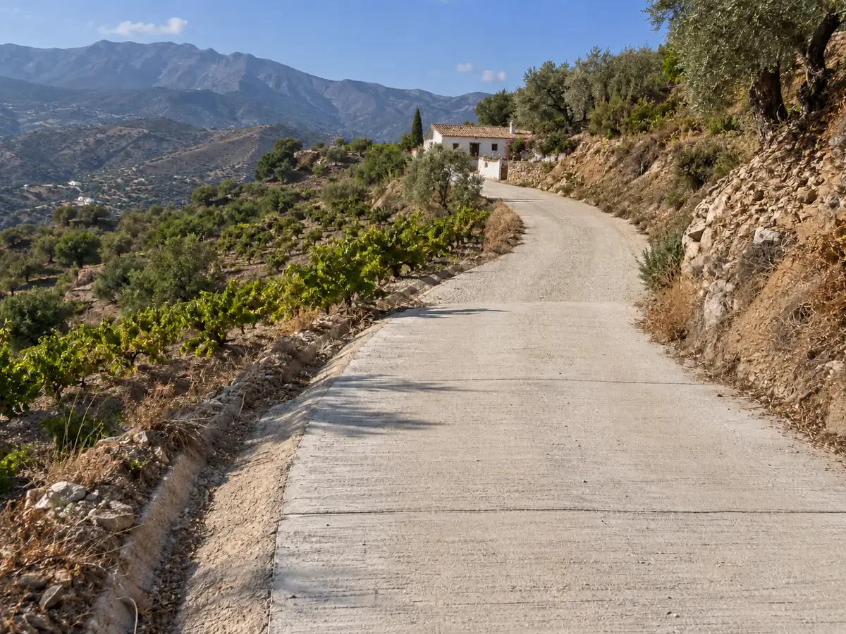Carril de cortijo en Cómpeta con tramos hormigonados en las cuestas