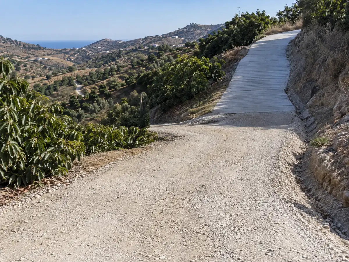 Carril de finca de aguacates en la Axarquía con zahorra en el llano y hormigón en la cuesta
