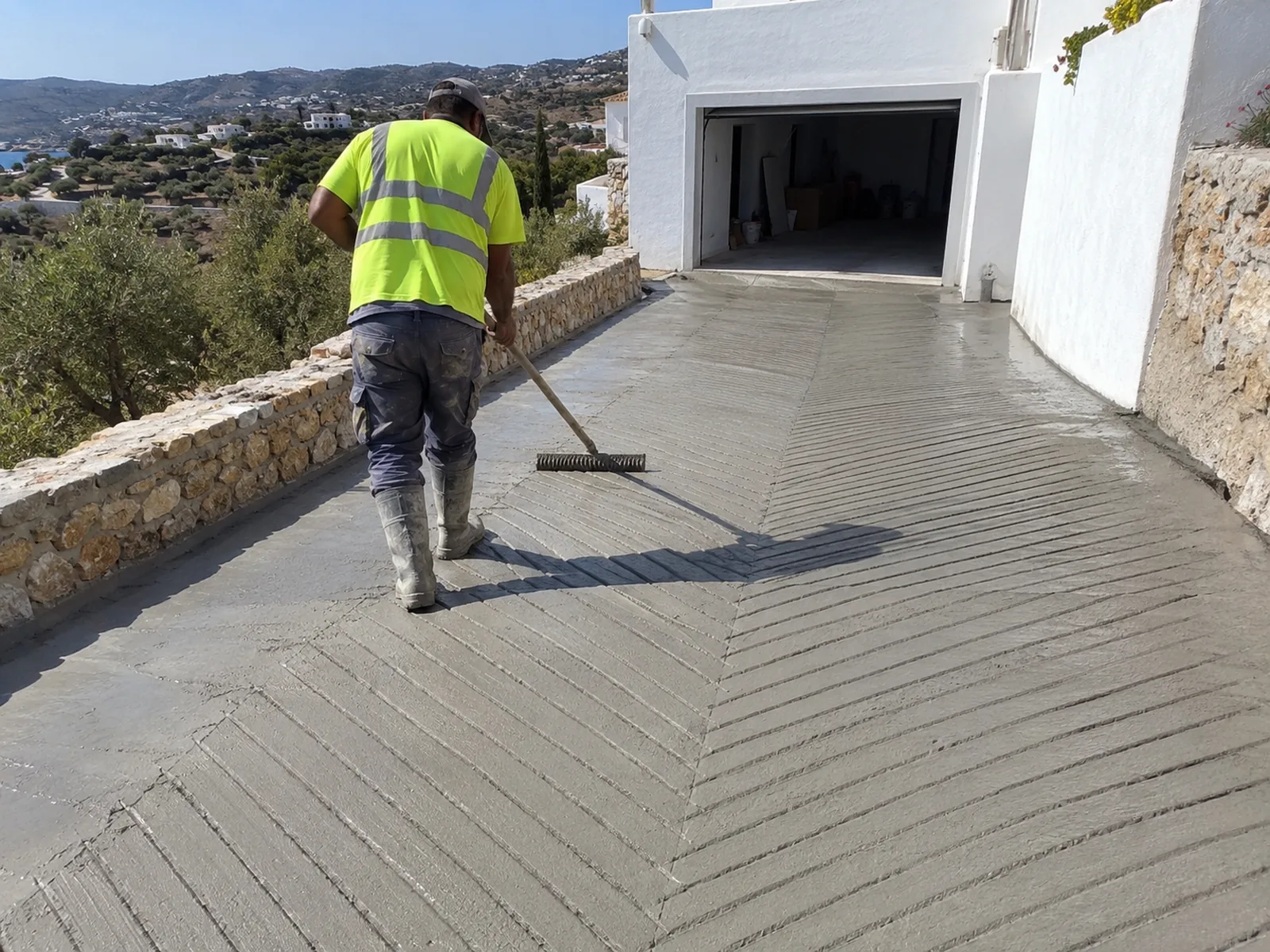 Rampas de hormigón y entradas de coches 10 Operario haciendo el acabado en espiga antideslizante de una rampa
