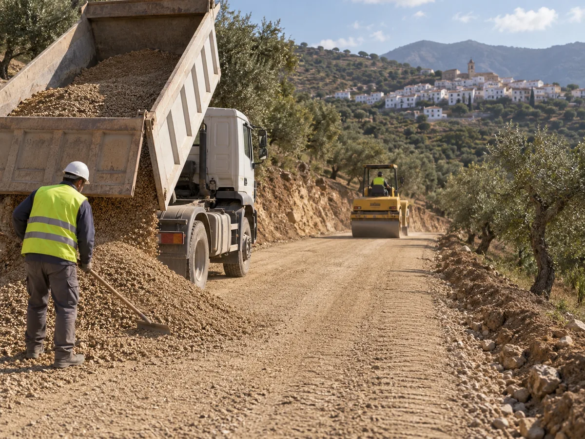 Camión descargando áridos en una obra de Periana
