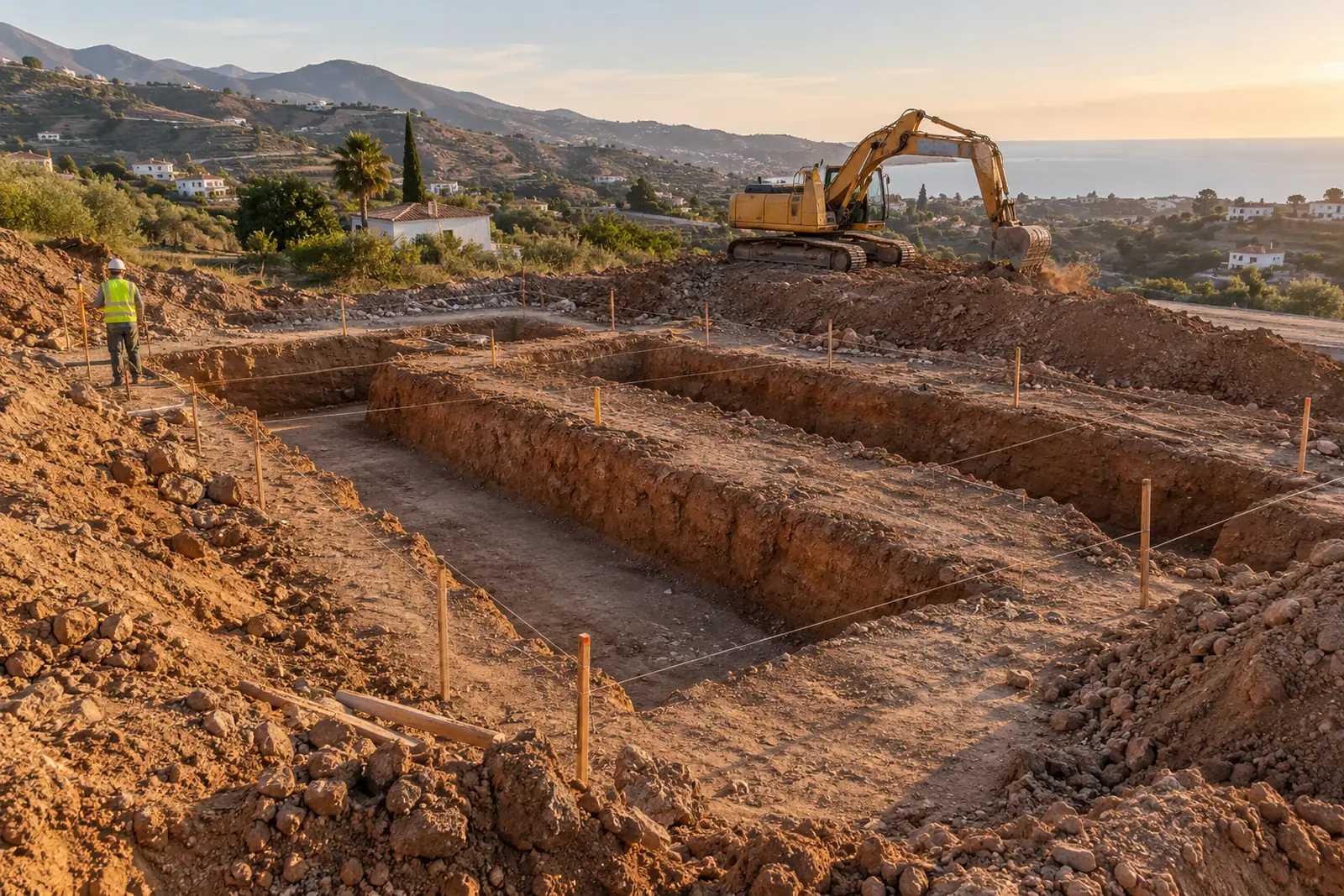 Zanjas de cimentación replanteadas para una vivienda en la Axarquía